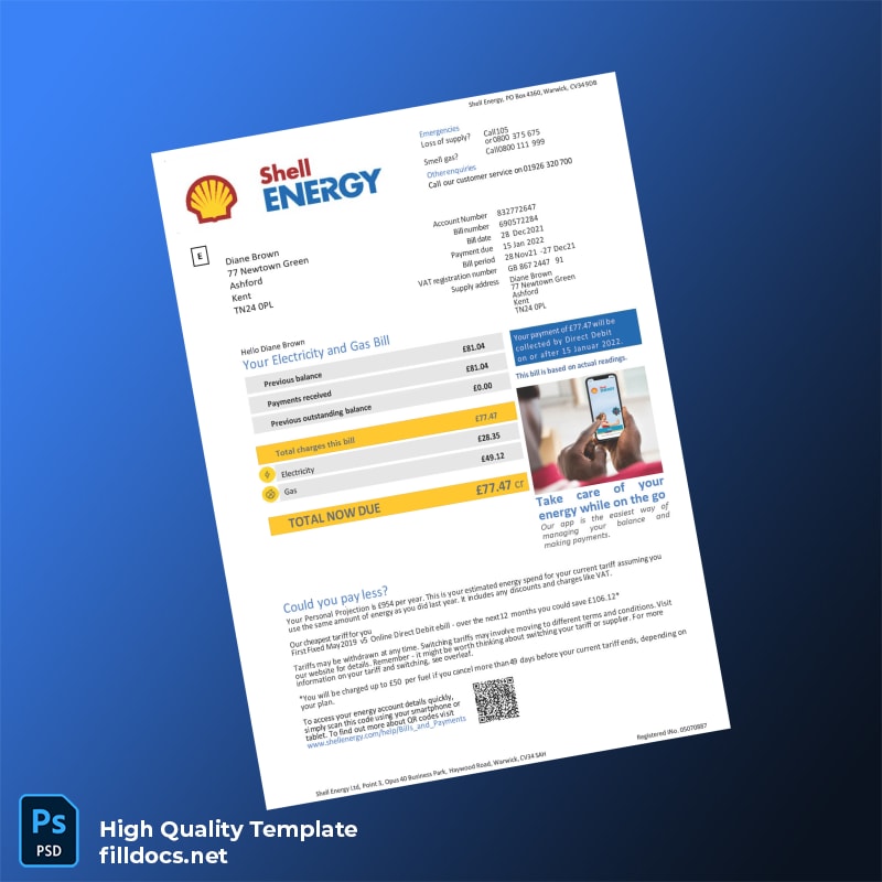 United Kingdom Shell Energy Ltd Editable Electricity Bill Template in Word and PDF formats