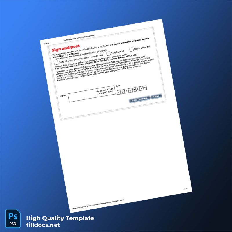 United Kingdom The National Lottery Editable Postal Registration Form Template in Word and PDF formats page 2