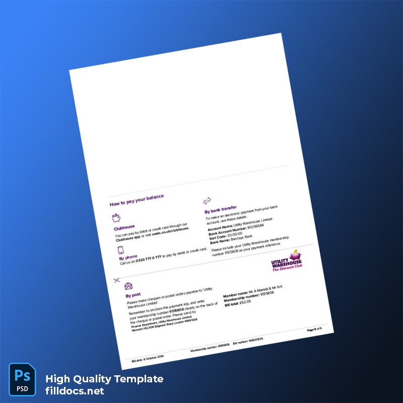 United Kingdom Utility Warehouse Ltd Editable Electricity Bill Template in Word and PDF formats page 5