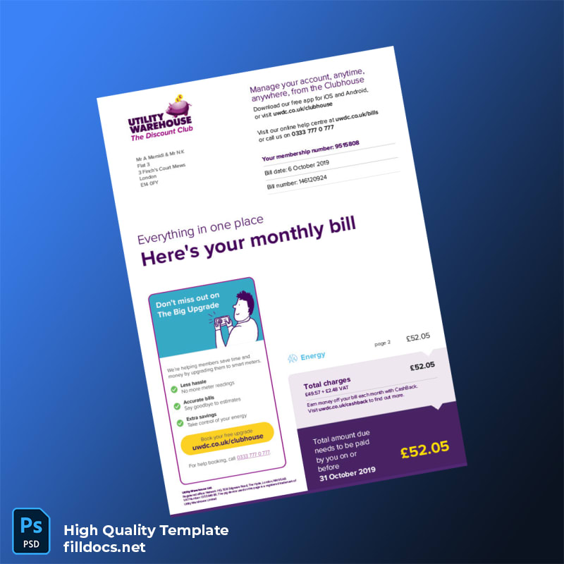 United Kingdom Utility Warehouse Ltd Editable Electricity Bill Template in Word and PDF formats