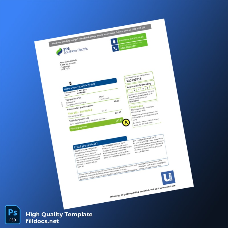 United Kingdom uSwitch Editable Electricity Bill Template in Word and PDF formats
