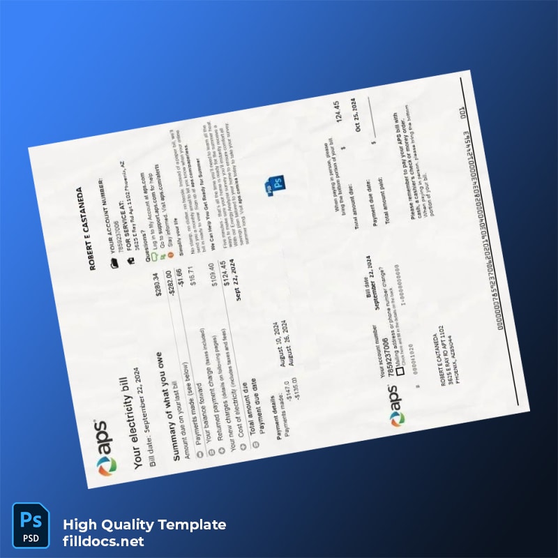 United States APS Editable Electricity Bill Template in Word and PDF formats