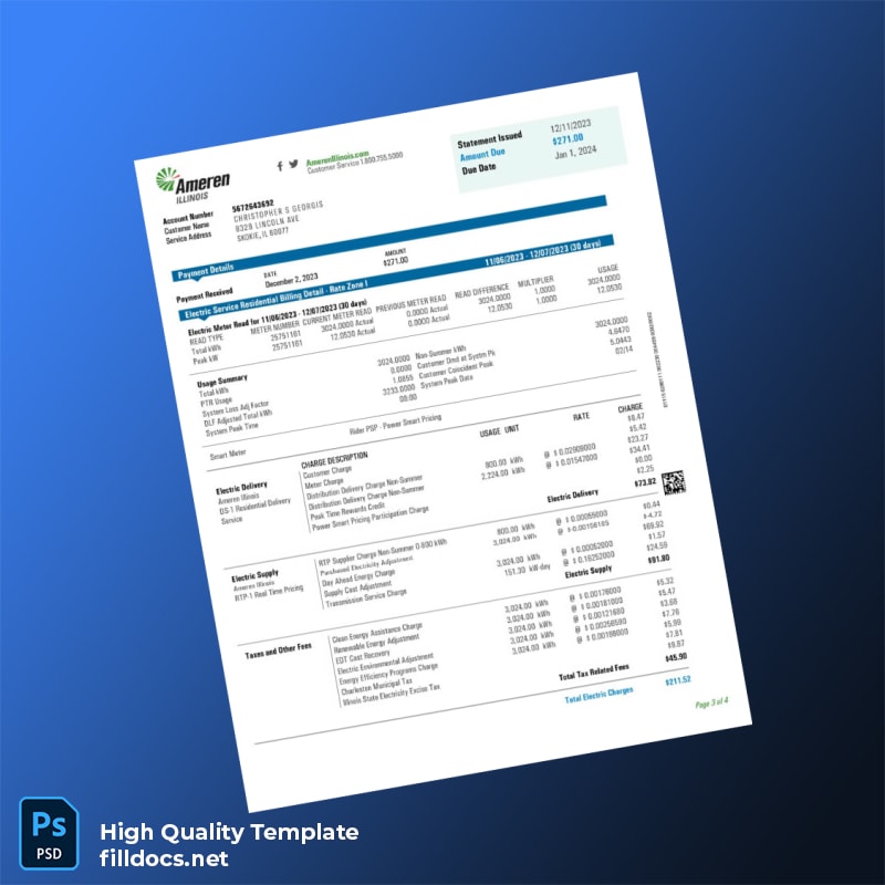 United States Ameren Illinois Editable Utility Bill Template in Word and PDF formats page 3