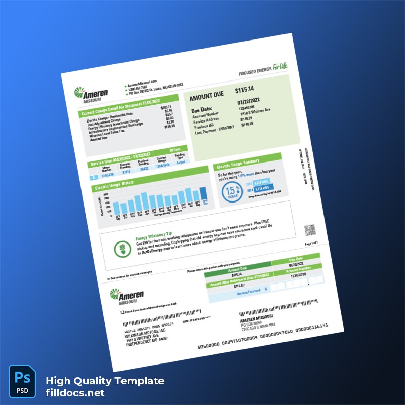 United States Ameren Missouri Editable Electricity Bill Template in Word and PDF formats