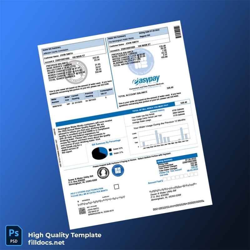 United States Birmingham Water Works Editable Water Bill Template in Word and PDF formats