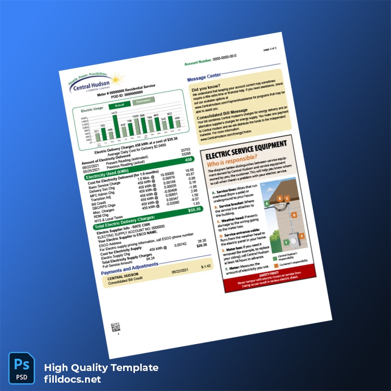 United States Central Hudson Gas Electric Corporation Editable Utility Bill Template in Word and PDF formats page 3