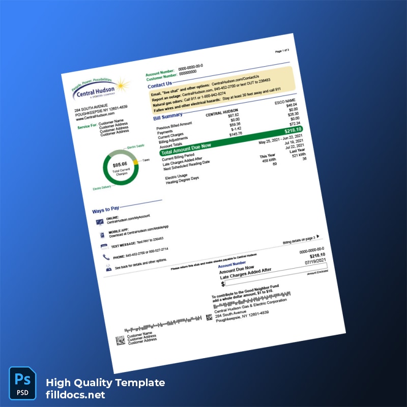 United States Central Hudson Gas Electric Corporation Editable Utility Bill Template in Word and PDF formats