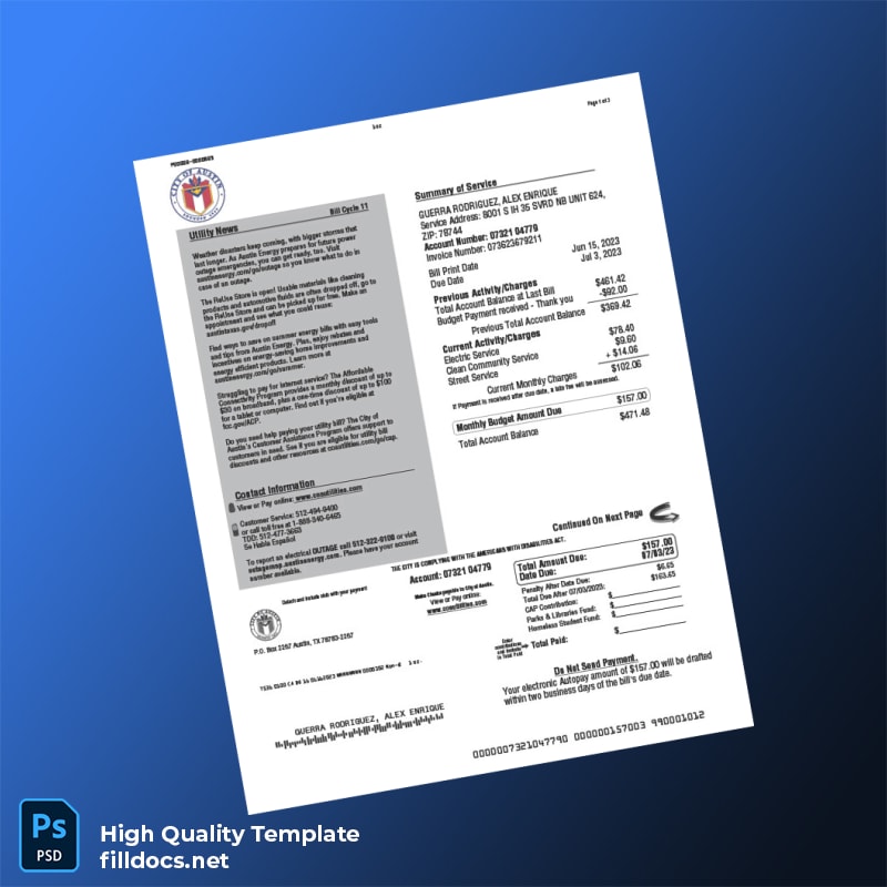 United States City Of Austin Editable Utility Bill Template in Word and PDF formats