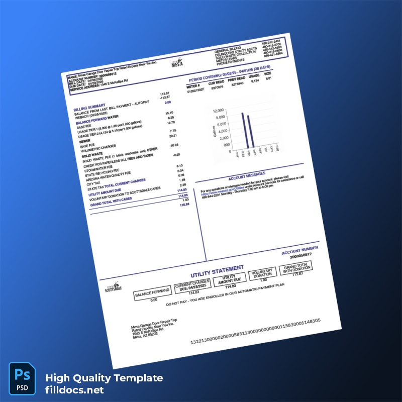 United States City Of Scottsdale Editable Water Bill Template in Word and PDF formats