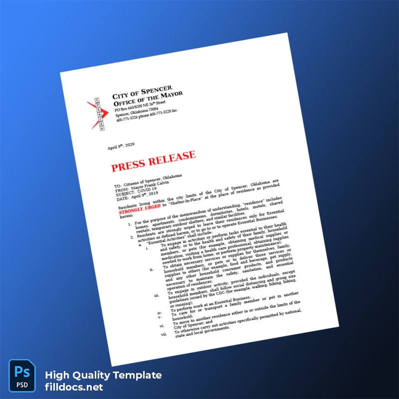 United States City Of Spencer Oklahoma Editable Press Release Template in Word and PDF formats