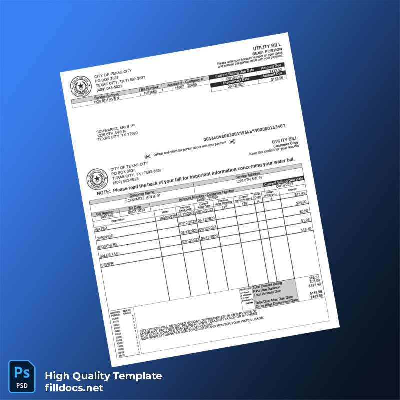 United States City Of Texas City Editable Utility Bill Template in Word and PDF formats