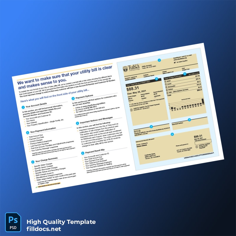 United States City Of Tulsa Editable Utility Bill Template in Word and PDF formats