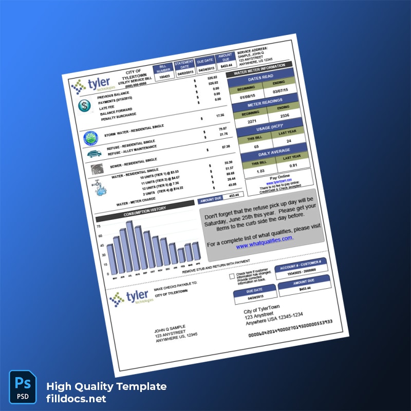 United States City Of TylerTown Editable Utility Bill Template in Word and PDF formats