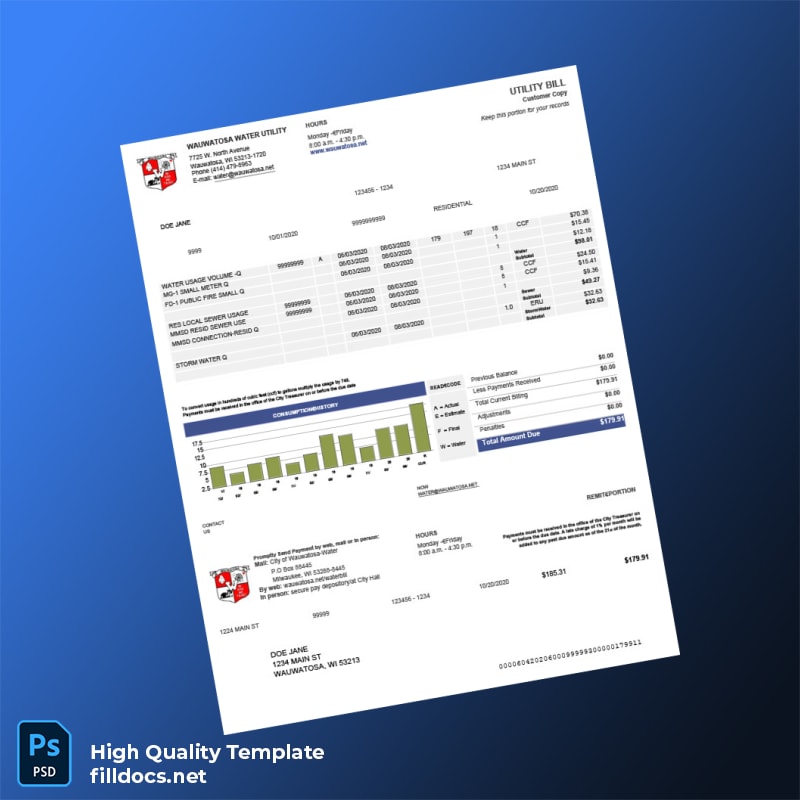 United States City Of Wauwatosa-Water Editable Water Bill Template in Word and PDF formats