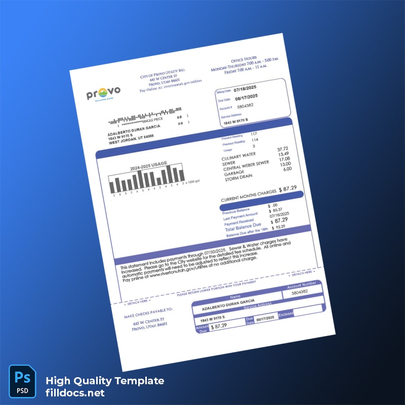 United States City Of West Jordan Editable Utility Bill Template in Word and PDF formats
