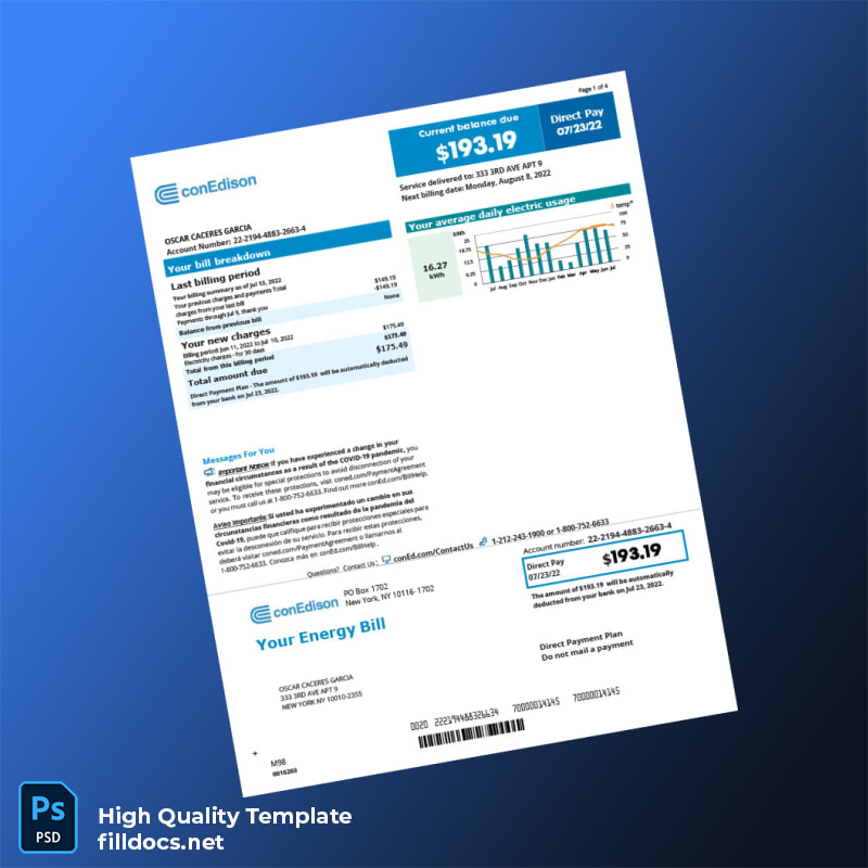 United States Con Edison Editable Electricity Bill Template in Word and PDF formats