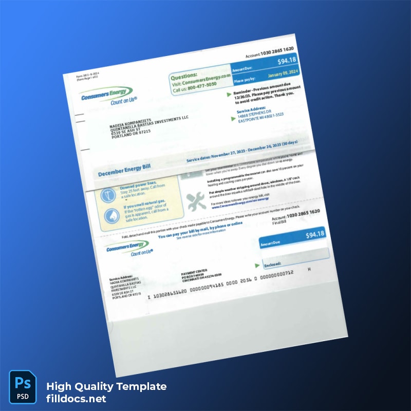 United States Consumers Energy Editable Utility Bill Template in Word and PDF formats