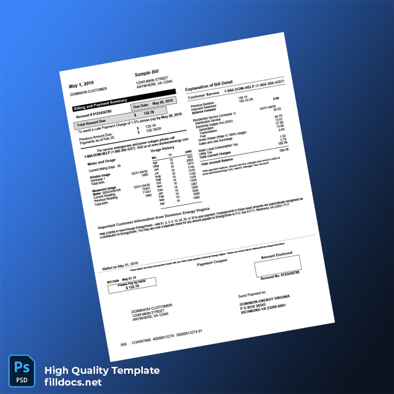 United States Dominion Energy Virginia Editable Electricity Bill Template in Word and PDF formats