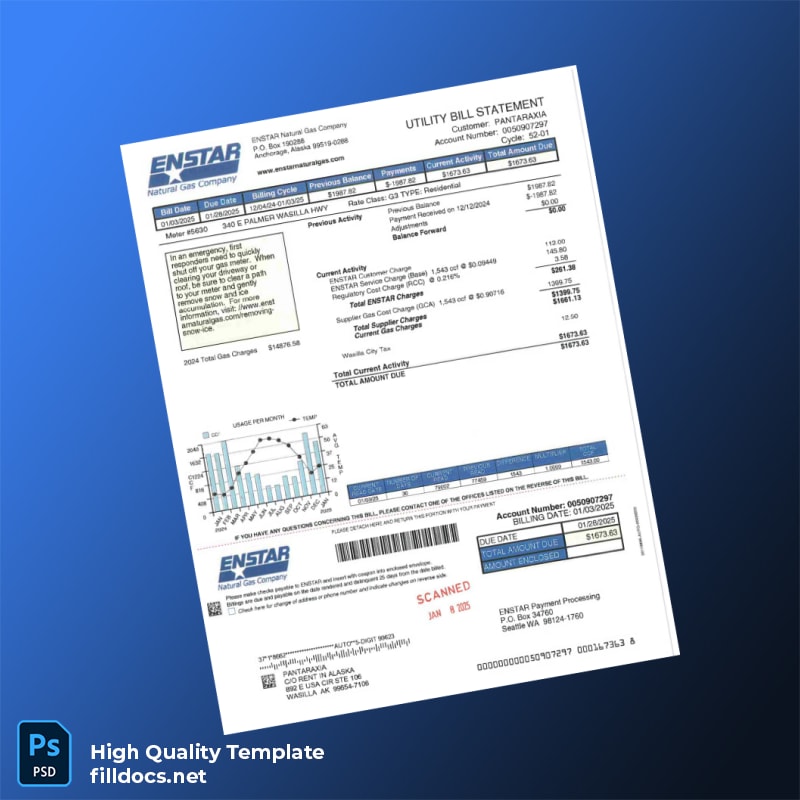 United States ENSTAR Natural Gas Company Editable Gas Bill Template in Word and PDF formats