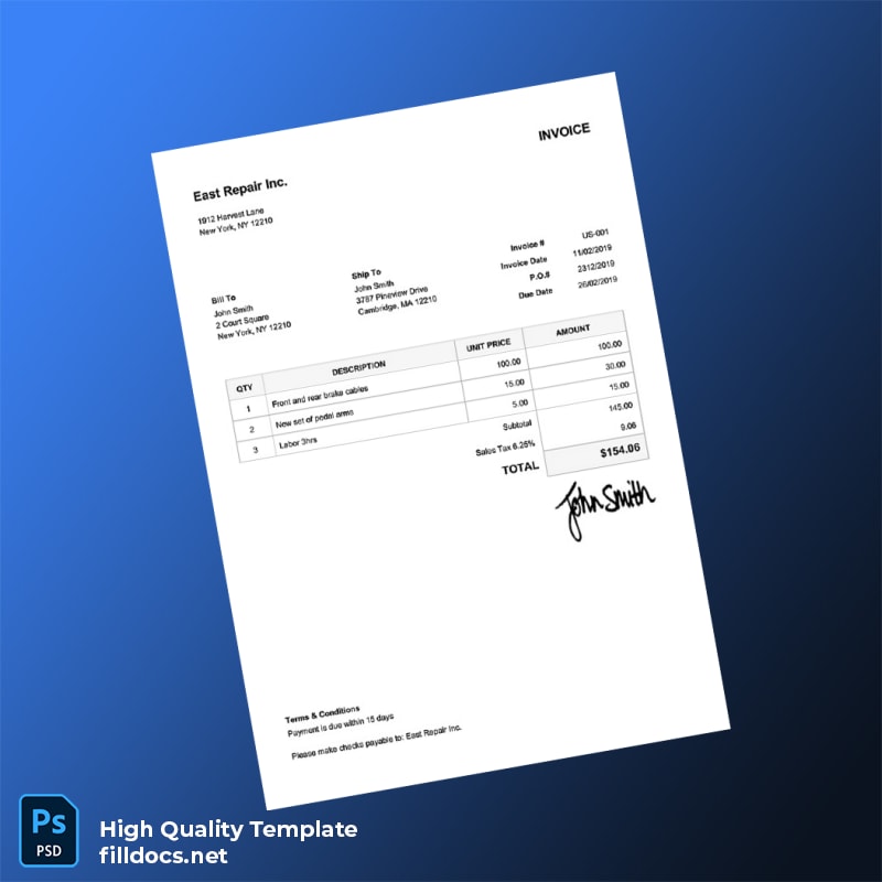 United States East Repair Inc Editable Utility Bill Template in Word and PDF formats