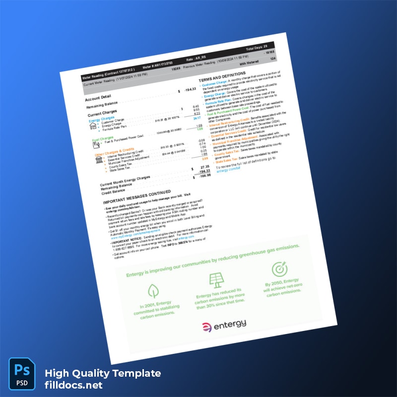 United States Entergy Arkansas LLC Editable Electricity Bill Template in Word and PDF formats page 2