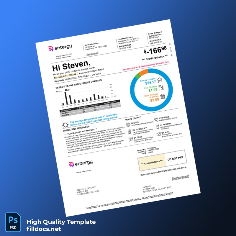 United States Entergy Arkansas LLC Editable Electricity Bill Template in Word and PDF formats