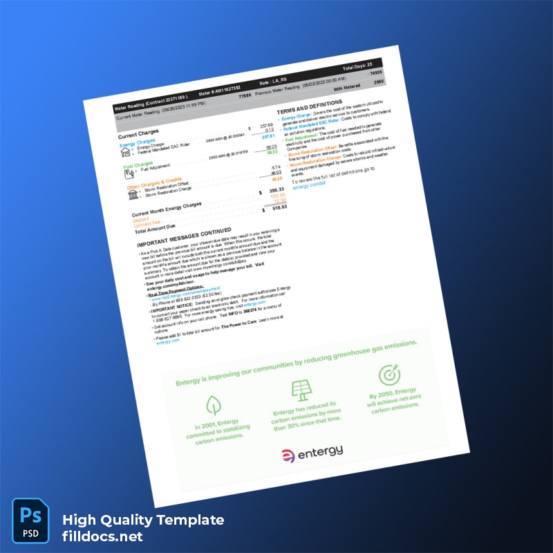United States Entergy Louisiana Editable Utility Bill Template in Word and PDF formats page 2