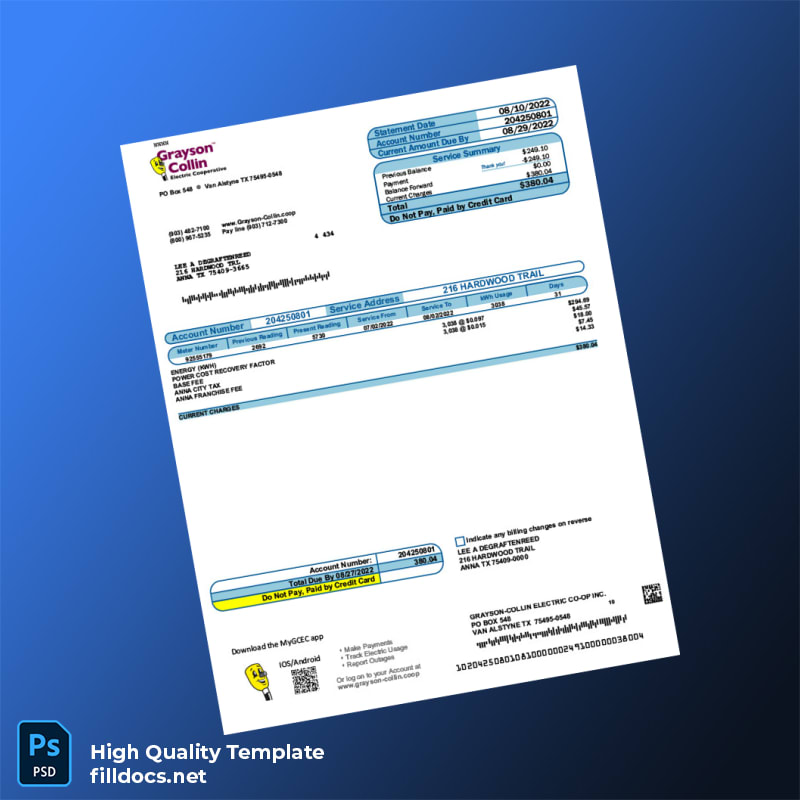United States Grayson-Collin Electric Cooperative Editable Electricity Bill Template in Word and PDF formats