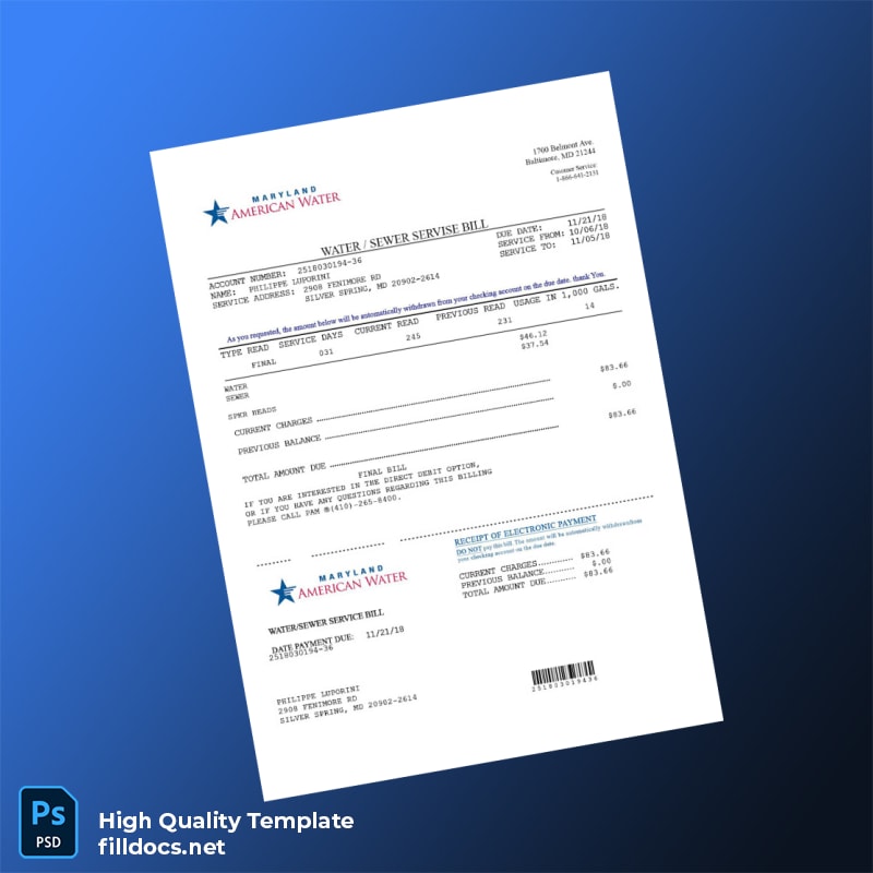 United States Maryland American Water Editable Water Bill Template in Word and PDF formats