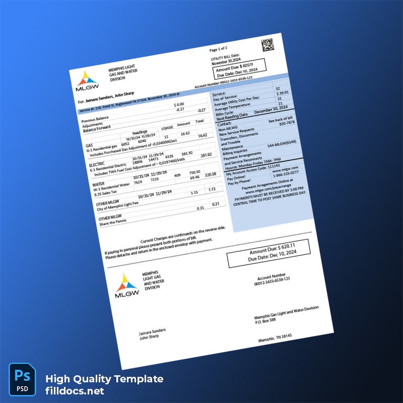 United States Memphis Light Gas And Water Division Editable Electricity Bill Template in Word and PDF formats