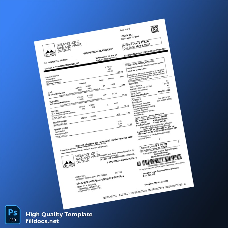 United States Memphis Light Gas And Water Division Editable Utility Bill Template in Word and PDF formats