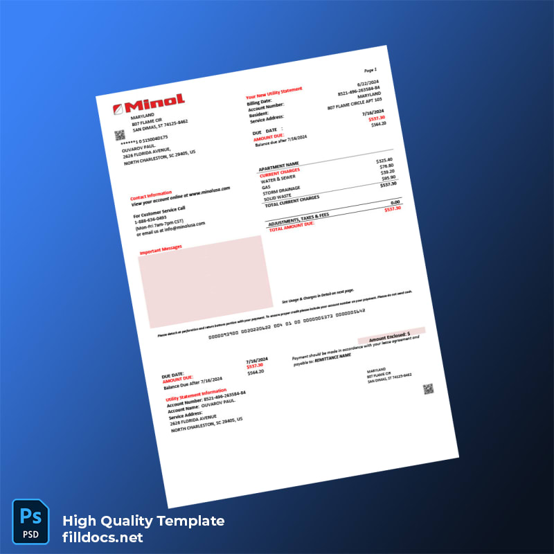 United States Minol USA Editable Utility Bill Template in Word and PDF formats