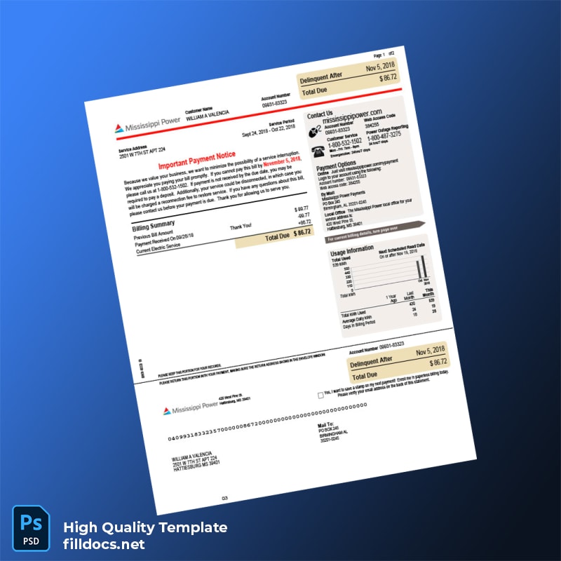 United States Mississippi Power Editable Electricity Bill Template in Word and PDF formats