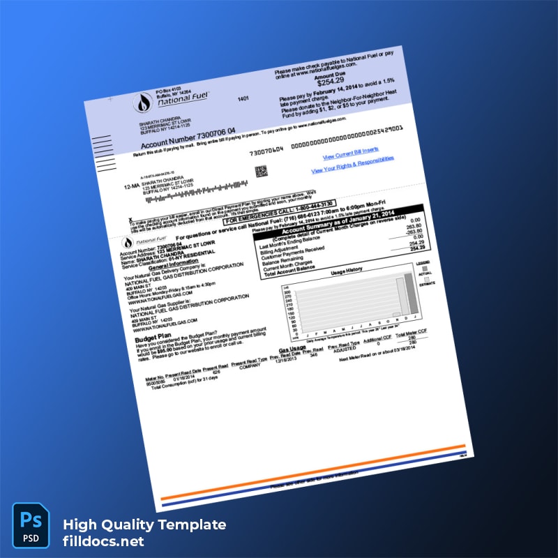 United States NATIONAL FUEL GAS DISTRIBUTION CORPORATION Editable Gas Bill Template in Word and PDF formats