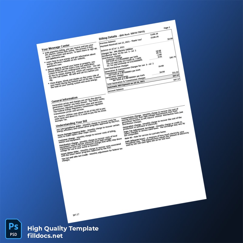 United States PPL Electric Utilities Editable Electricity Bill Template in Word and PDF formats page 2