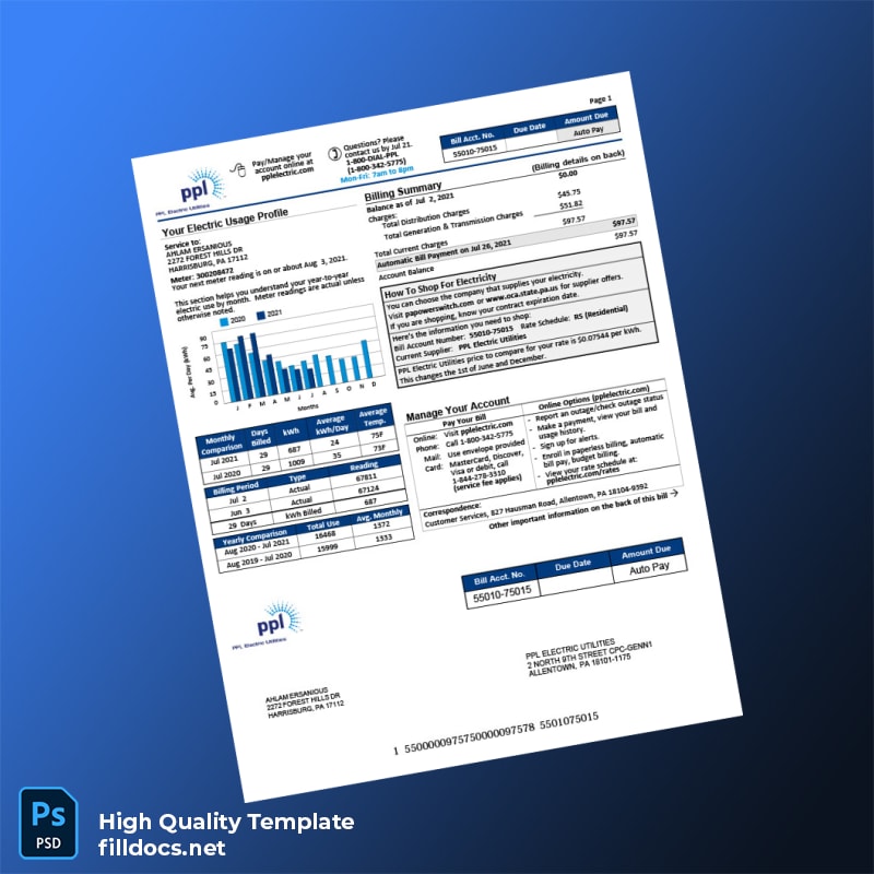 United States PPL Electric Utilities Editable Electricity Bill Template in Word and PDF formats