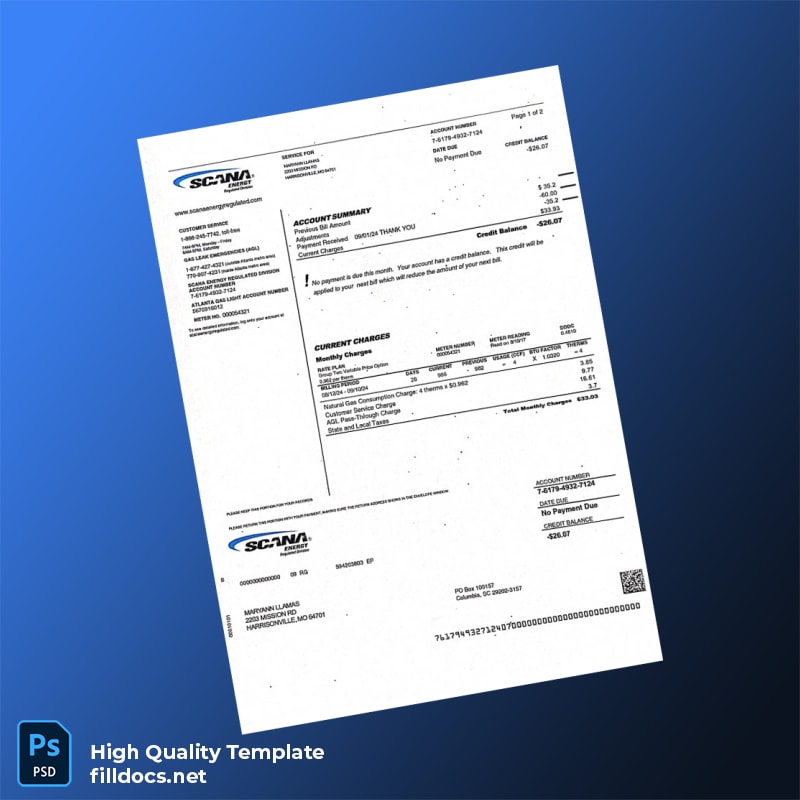 United States SCANA Energy Regulated Division Editable Utility Bill Template in Word and PDF formats