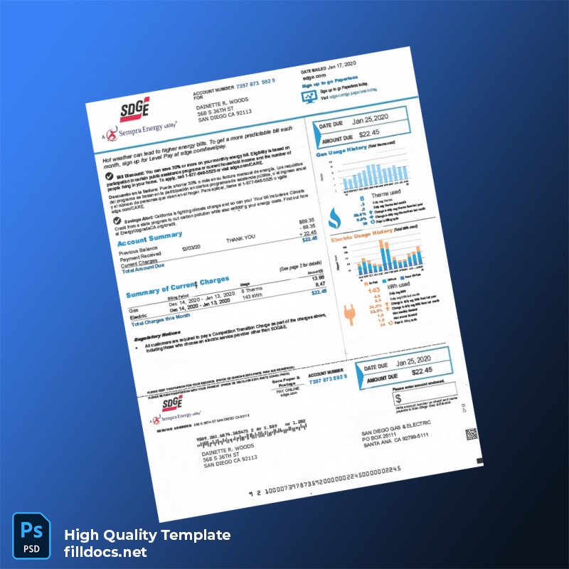 United States San Diego Gas Electric Editable Utility Bill Template in Word and PDF formats