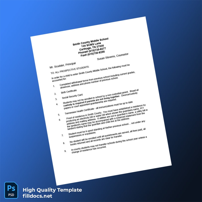 United States Smith County Middle School Editable Enrollment Guide Template in Word and PDF formats