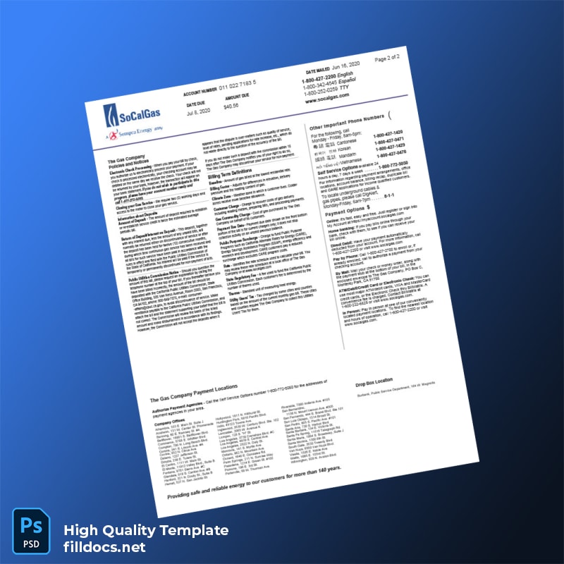 United States SoCalGas Editable Gas Bill Template in Word and PDF formats page 2