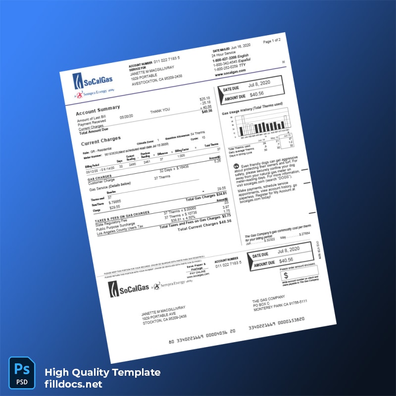 United States SoCalGas Editable Gas Bill Template in Word and PDF formats