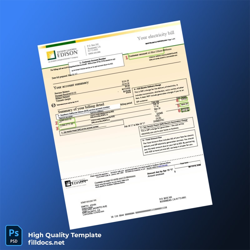 United States Southern California Edison Editable Electricity Bill Template in Word and PDF formats