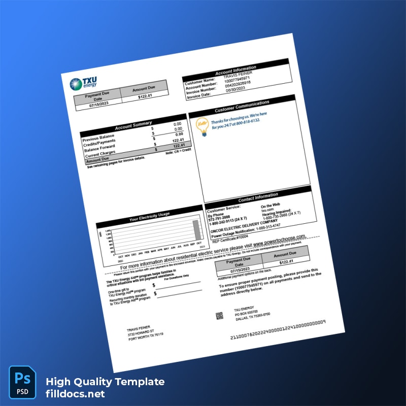United States TXU Energy Editable Electricity Bill Template in Word and PDF formats
