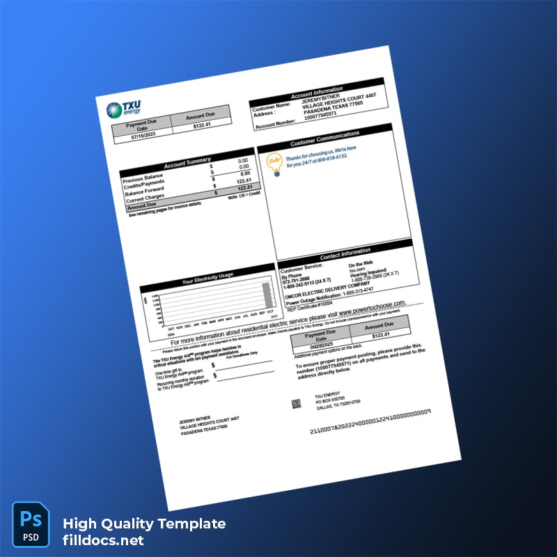 United States TXU Energy Editable Utility Bill Template in Word and PDF formats
