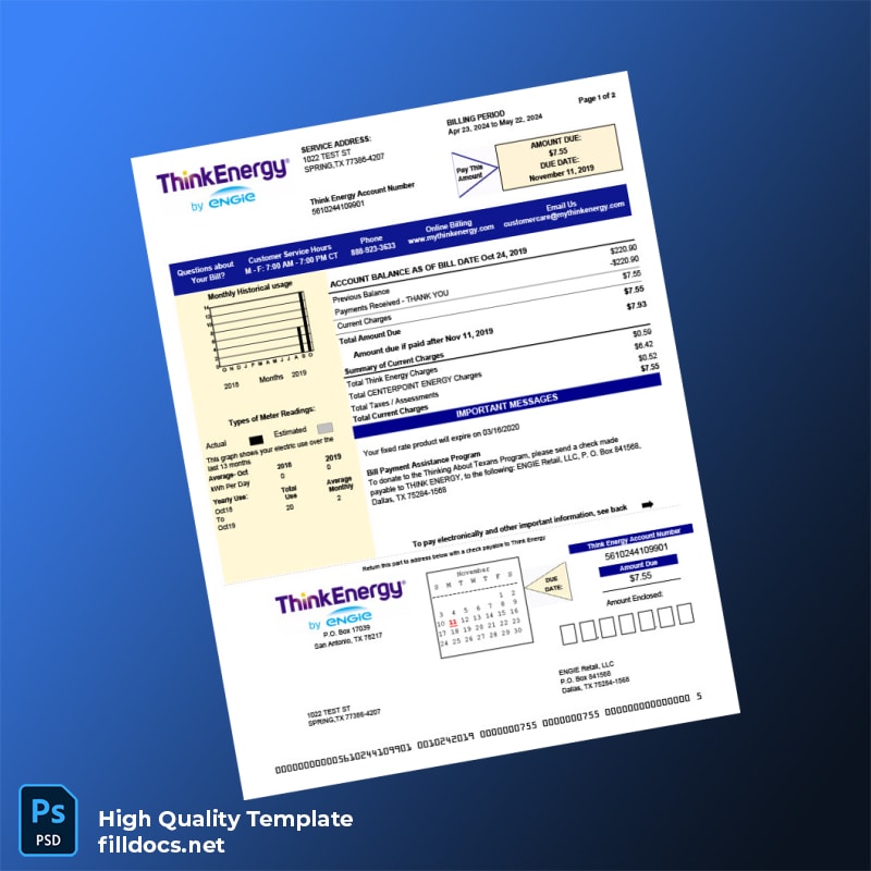 United States Think Energy By ENGIE Retail LLC Editable Electricity Bill Template in Word and PDF formats
