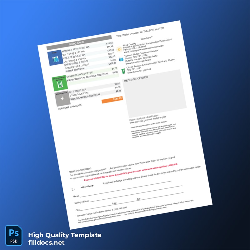 United States Tucson Water Editable Utility Bill Template in Word and PDF formats page 2