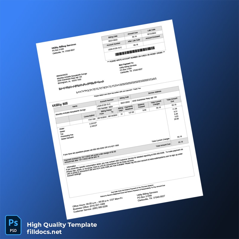 United States Utility Billing Services Editable Utility Bill Template in Word and PDF formats