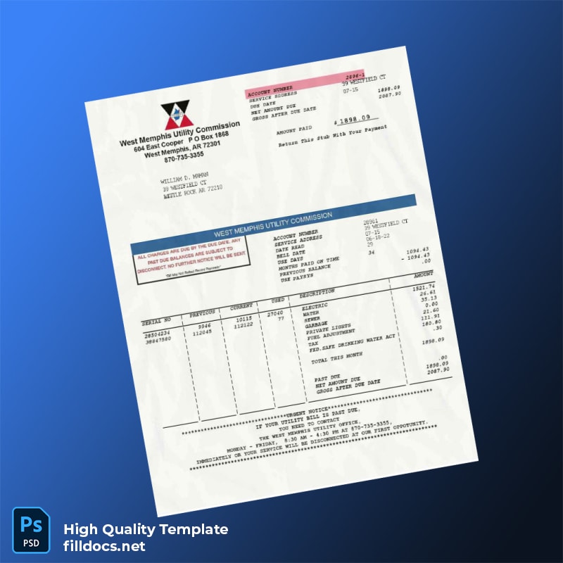 United States West Memphis Utility Commission Editable Utility Bill Template in Word and PDF formats