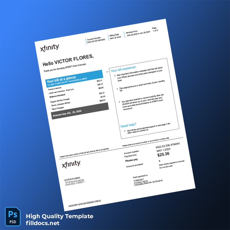 United States XFINITY Editable Utility Bill Template in Word and PDF formats