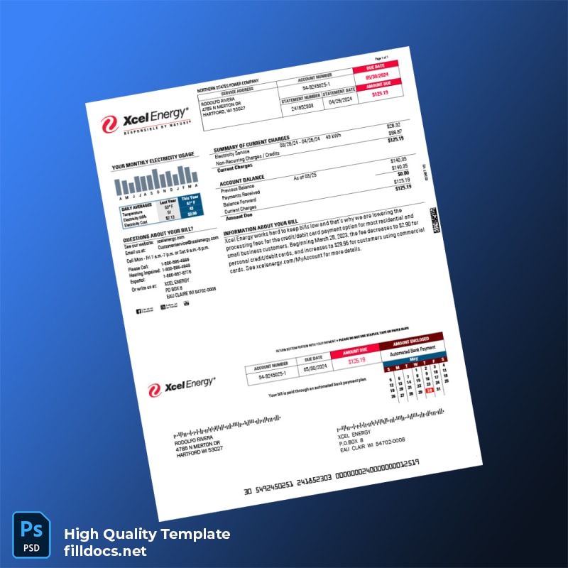 United States Xcel Energy Editable Utility Bill Template in Word and PDF formats